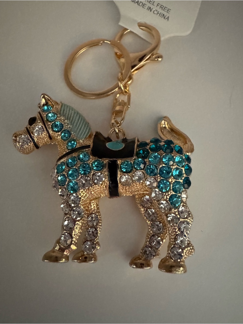 Gold Horse Keychain with Teal and Clear Crystals